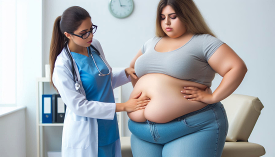 Eine dicke Frau wird von einer Ärztin untersucht.